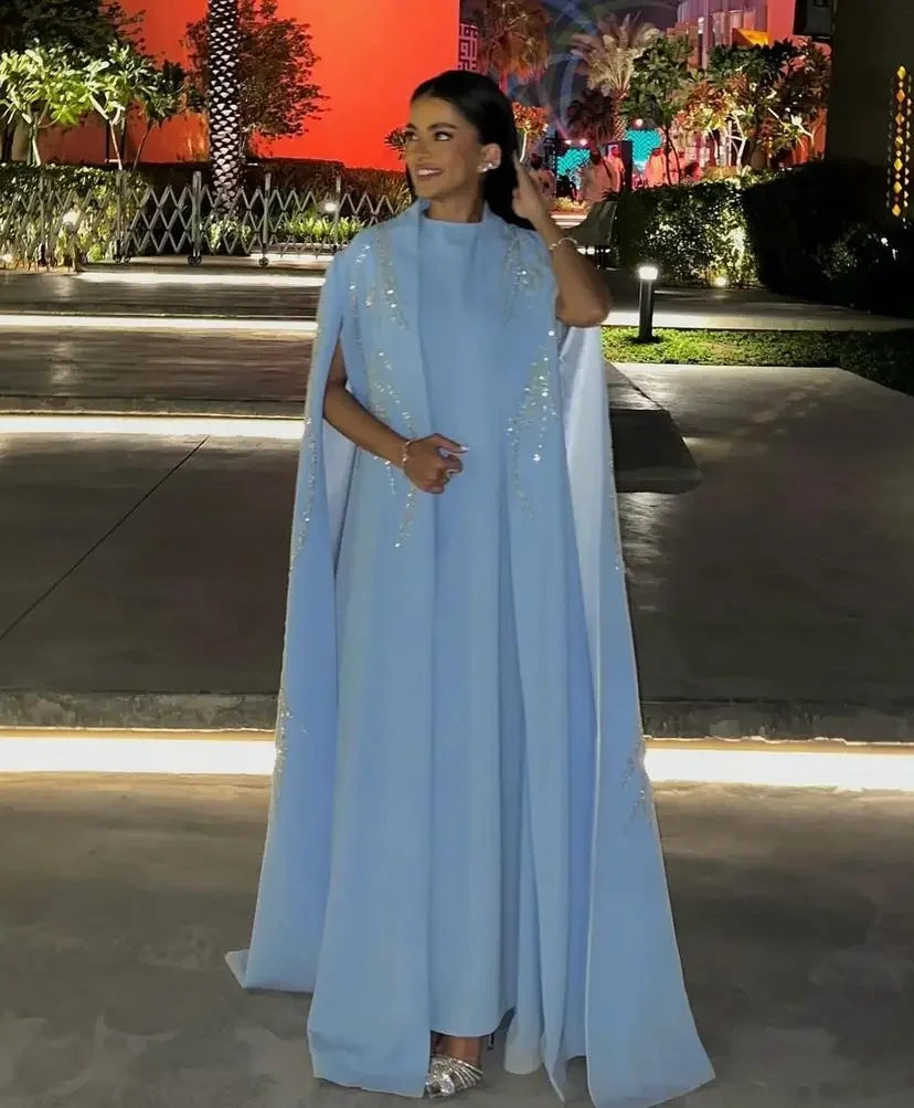 

Saudi Arabia Prom Dresses with Shawl O-Neck Sky Blue Evening Dress Women Floor Length Pleated Beadings Evening Party Dresses