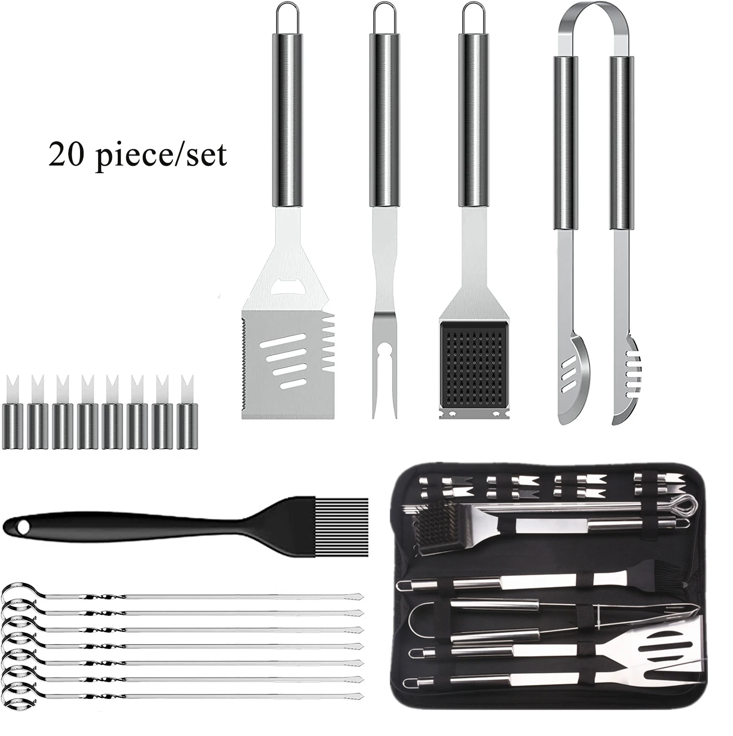 BBQ Tools Set 9/20 PCS Stainless Steel Barbecue Utensil Spatula Fork Tongs Knife Brush Skewers For Camping Outdoor