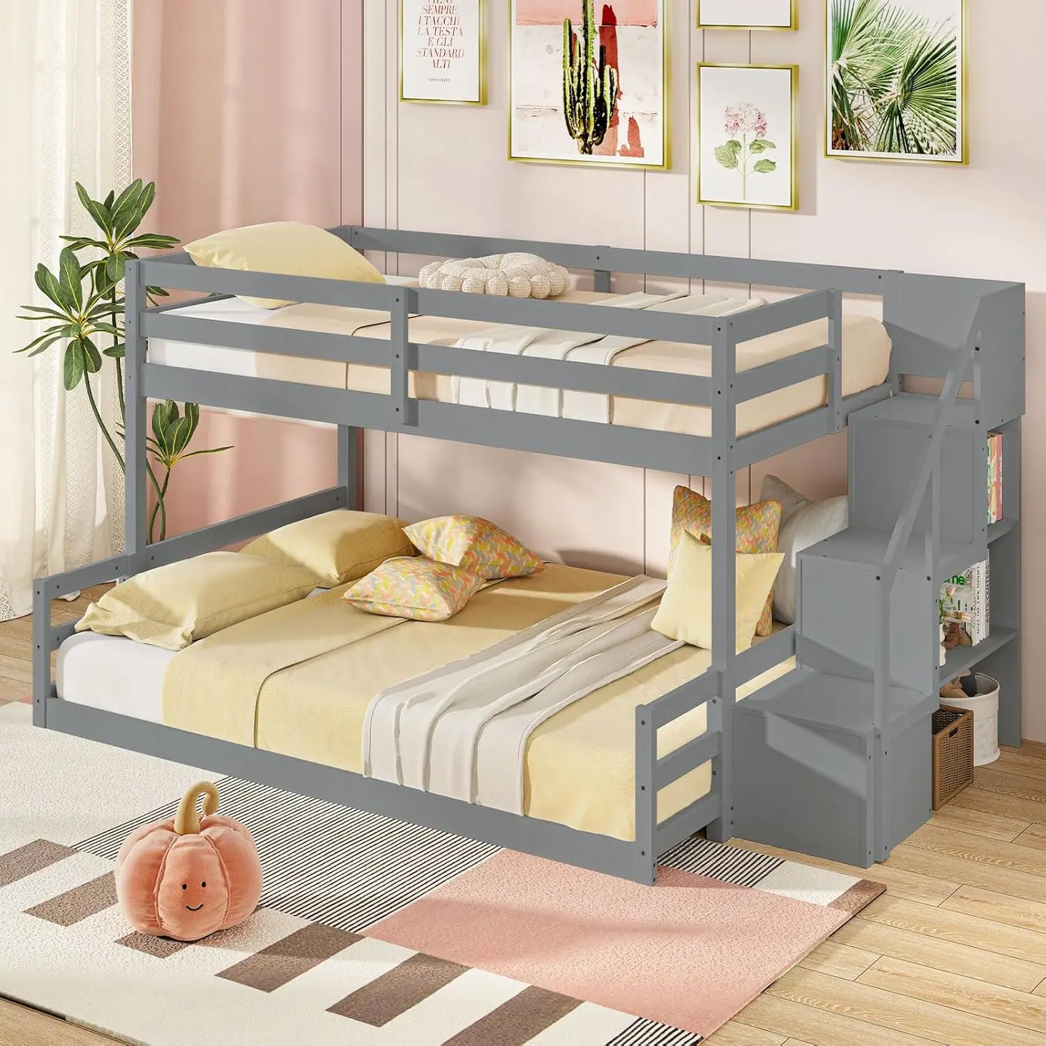 

Twin Over Full Bunk Bed with Stairs, Solid Wood Floor Bunk Bed with Storage Staircase & Full-Length Guardrails, Low Bunk Bed