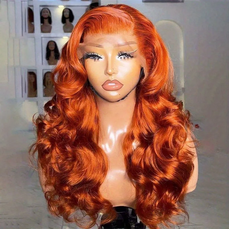 Peluca delantera de encaje HD 13x4.1 naranja jengibre # El cabello humano brasileño de las pelucas coloreadas de la onda del cuerpo 350 pre desplumaron el cordón sin cola del cabello humano Fro