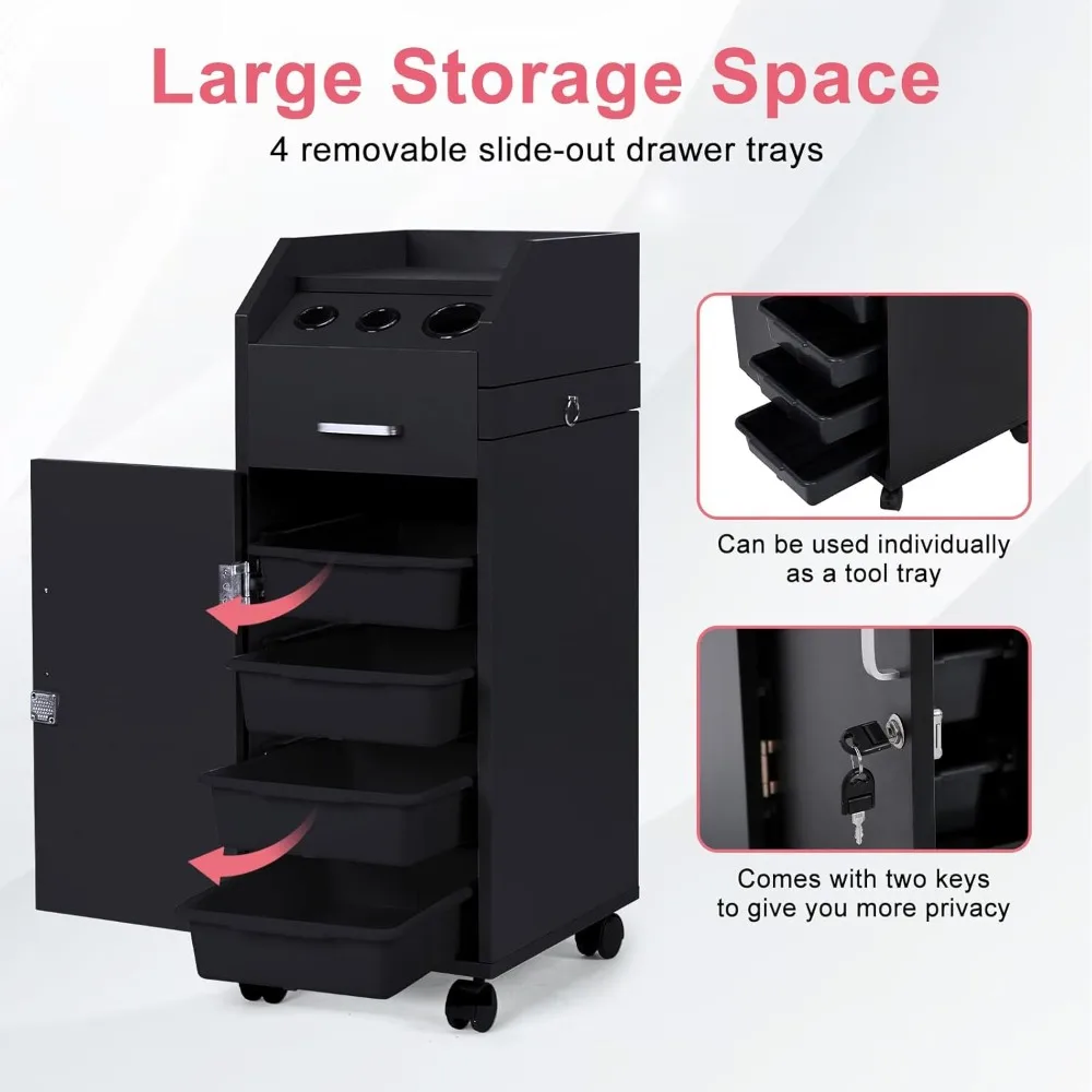 

Lockable Salon Storage Cart – Rolling Tool Cabinet with 3 Hair Dryer Holders & 4 Drawers | for Hair Stylist Use