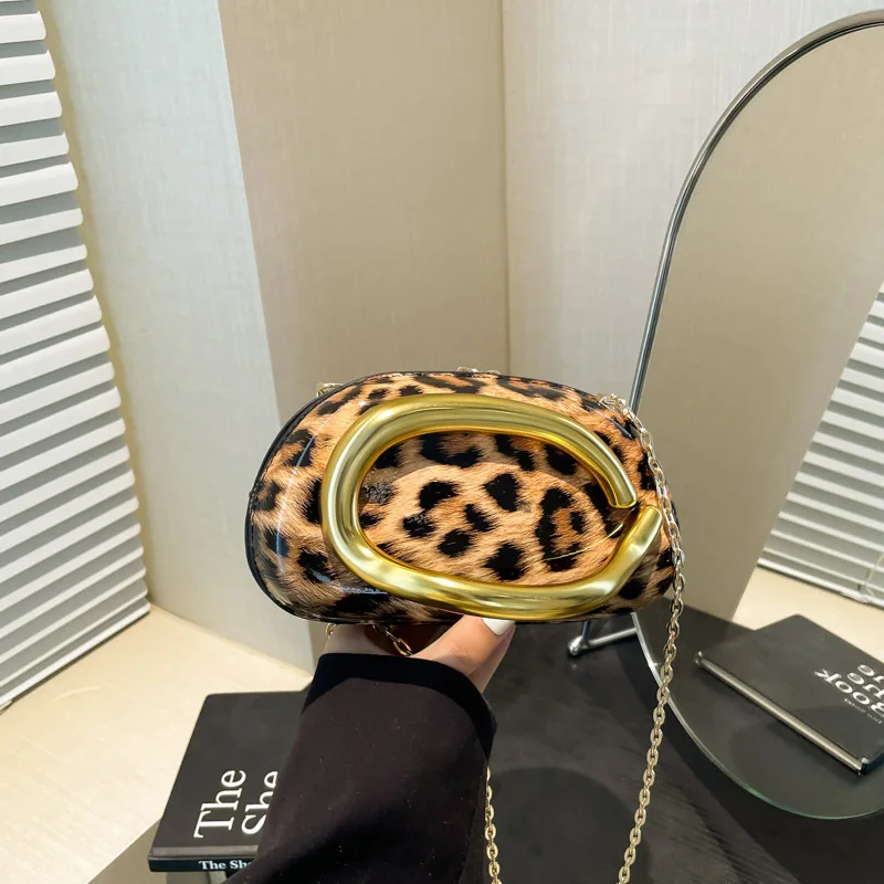 

Gold Metal Handlebag Luxury Evening Purse Brand Shell Bag For Women Retro Brown Leopard Printing Acrylic Crossbody Bag Handbag