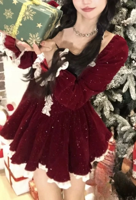 Autumn Winter Large Size Girl French Sweet Girl Christmas Dress Elegant Square Neck Long Sleeves High Waist Age-reducing Dresses