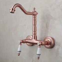Antique Copper Wall Mounted Kitchen Bathroom Sink Faucet Dual Handle Dual Hole Swivel Spout Hot Cold Water Tap