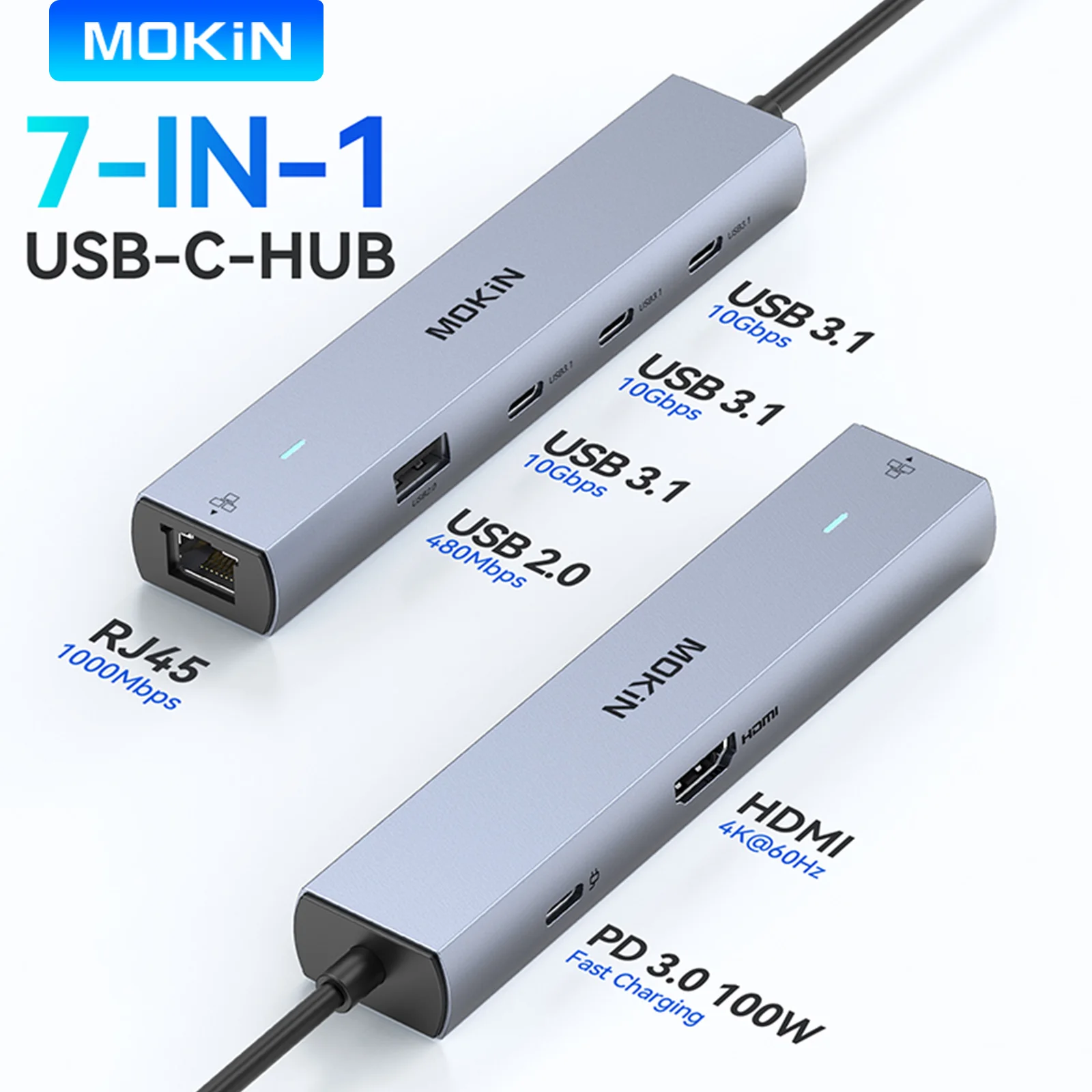 

MOKiN 7 в 1 USB C-концентратор на 4K60 Гц HDMI 100 Вт PD 10 Гбит/с USB 3.1 1000 Мбит/с Ethernet Многопортовый адаптер-концентратор для ноутбука Macbook Pro/Air