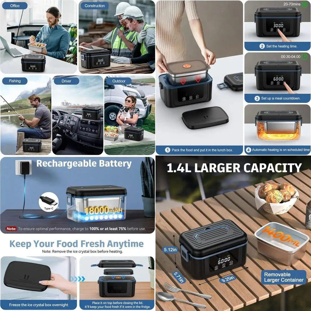Fiambrera eléctrica portátil de 1,4 L con batería de 18000 mAh, ideal para adultos en la marcha