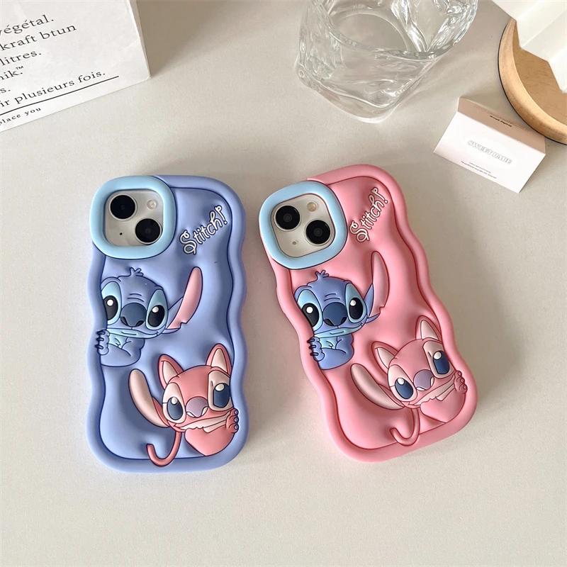 For iPhone 15 14 Plus 11 13 12 Pro Max 12 mini So Cute Stitch Wave Side Phone Case Luxury 3D Cartoon Soft Silicone Cover Fundas