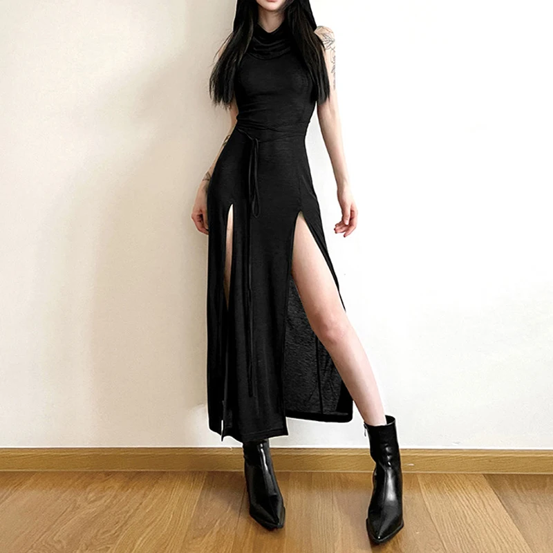 Goth Dark Cyber Gothic Desert Walker Jurken met capuchon Y2k Punk Grunge Hollow Out Midi Jurk Vrouwen Sexy Split Side Solid Streetwear
