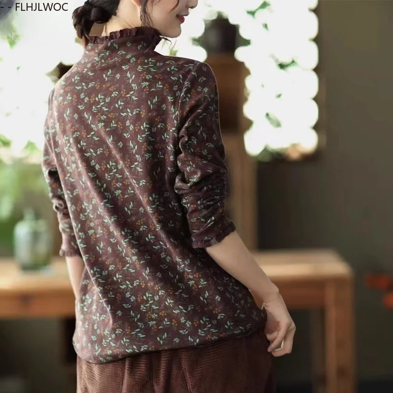 Baumwolle Rollkragen Tops Bluse Frau Langarm Nette Süße Mädchen Blumen Druck Grundlagen Shirts Retro Vintage Floral Rüschen Top