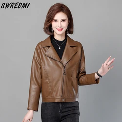 Motorcycle Leather Coat Women Slim Fashion Zipper Jackets Turn-Down Collar Short Clothing Office Lady SWREDMI