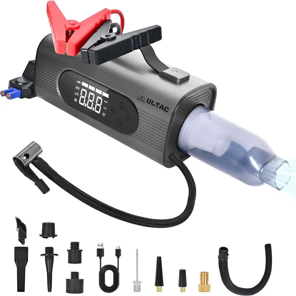 

Многофункциональное пусковое устройство 8-в-1 с воздушным компрессором 2000А, мини-пылесосом, портативное пусковое устройство для аккумуляторов 12В для всех бензиновых двигателей/10 л 150PSI