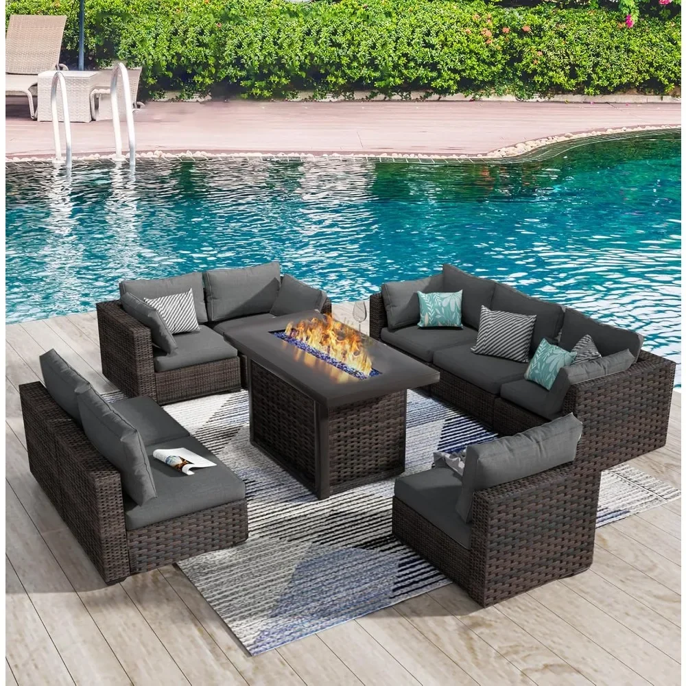 

9 Pieces Patio Furniture Set with Fire Pit Table, Outdoor Rattan Sectional Sofa- All Weather High Backrest Wicker Couch Conversa