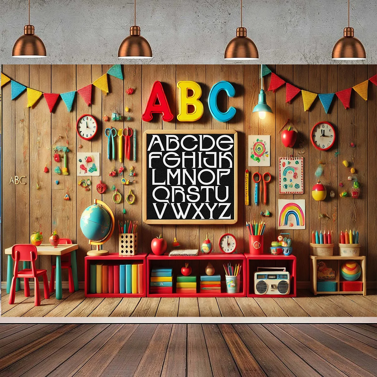Lernszene im Klassenzimmer, willkommen zurück zur Schule, Polyester-Party-Banner, Hintergrund für die Fotografie der ersten Schulparty