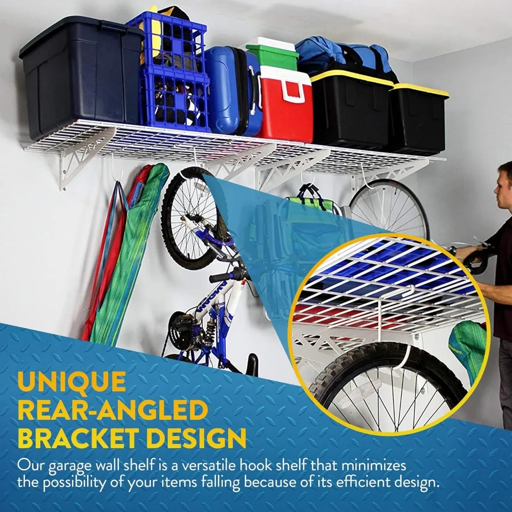 Garage Wall Shelf Two-Pack White or Hammertone | Three Size Options | Includes Bike Hooks | 500lb Weight Capacity