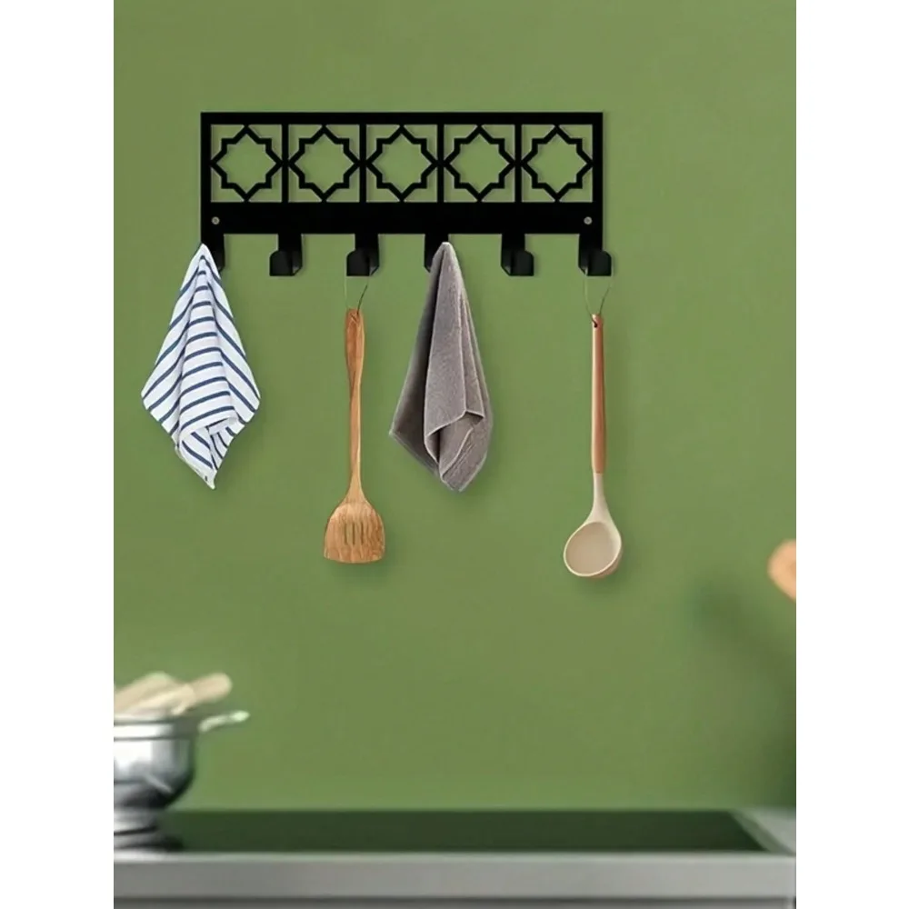 Bohemian Metal Key Hook 6 Holders, Black Geometric Pattern for Entryway Office, Sturdy Wall Mount