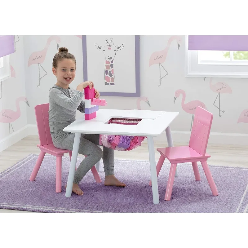 Conjunto infantil de mesa e cadeira com armazenamento (2 cadeiras incluídas), branco/rosa