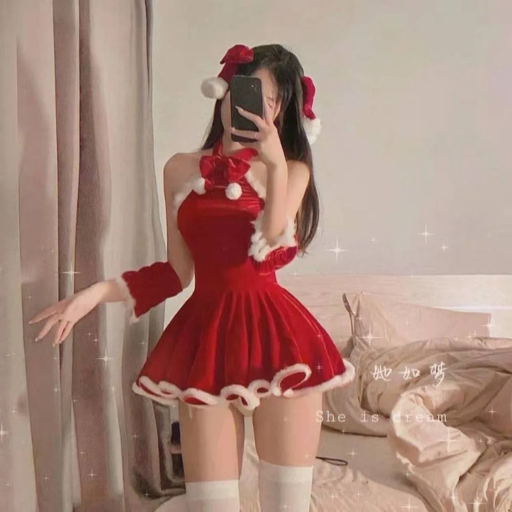 Women Christmas Lady Santa Claus Cosplay Costume Winter Red Top Skirt Cape Cloak Sexy Lingerie Maid Bunny Uniform Fancy Dress