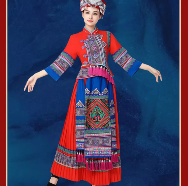Chiński strój narodowy Guangxi Zhuang dla kobiet, kostium z frędzlami na występy sceniczne