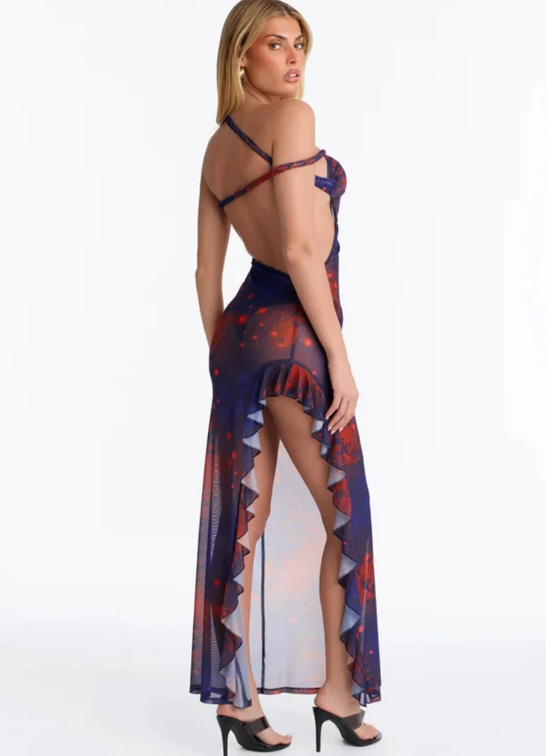 Elegant Women's Flower Printed Off-Shoulder Mesh Dresses Sexy Hollow Out Strapless Dress 2026 Summer Vacation Party Vestidos