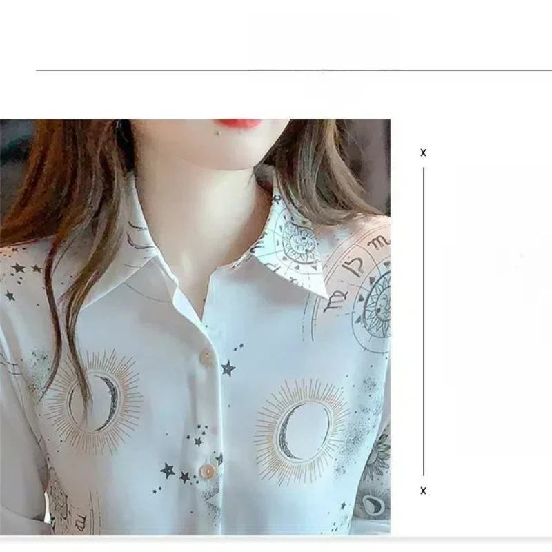 Office Lady Geometric Printing Turn-down Collar Lantern Long Sleeve Button Up Cardigan Shirt Women\'s Clothing Spring Autumn Tops