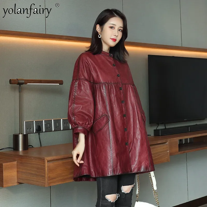 2023 High End Genuine Leather Jacket Women Pure Sheepskin Korean Mid Long Cloak Round Neck Loose Natural Leather Clothing Female