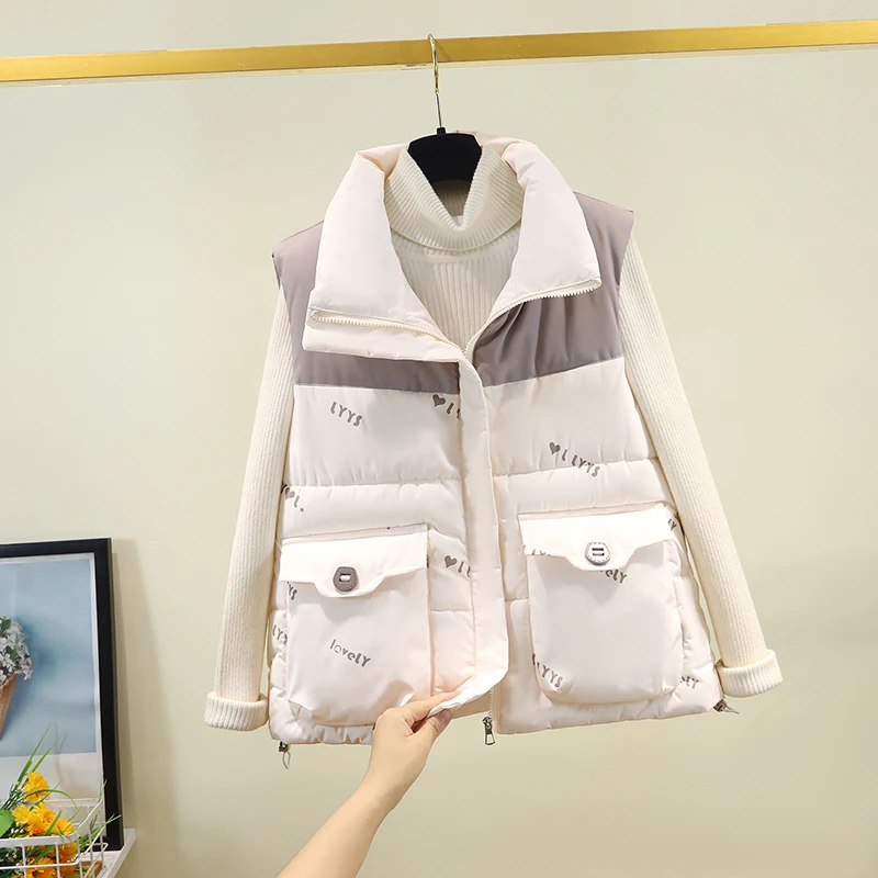 

Осенне-зимний утепленный жилет большого размера с воротником-стойкой и принтом, на хлопковом наполнителе, женская верхняя одежда, свободный крой, с подплечниками