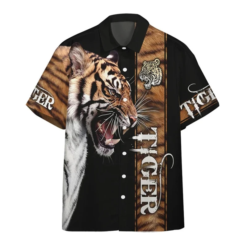 Social Shirt Everyday Men\'s Shirts 3D Animal Printed Short Sleeve Tiger Print Blouse Casual Tees Oversized Male Clothing Tops