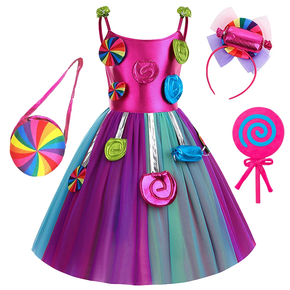 Girls Candy Sleeveless Princess Dress Lollipop Fancy Frocks Headpiece Set Children Cute Fashion Halloween Party Event Costumes