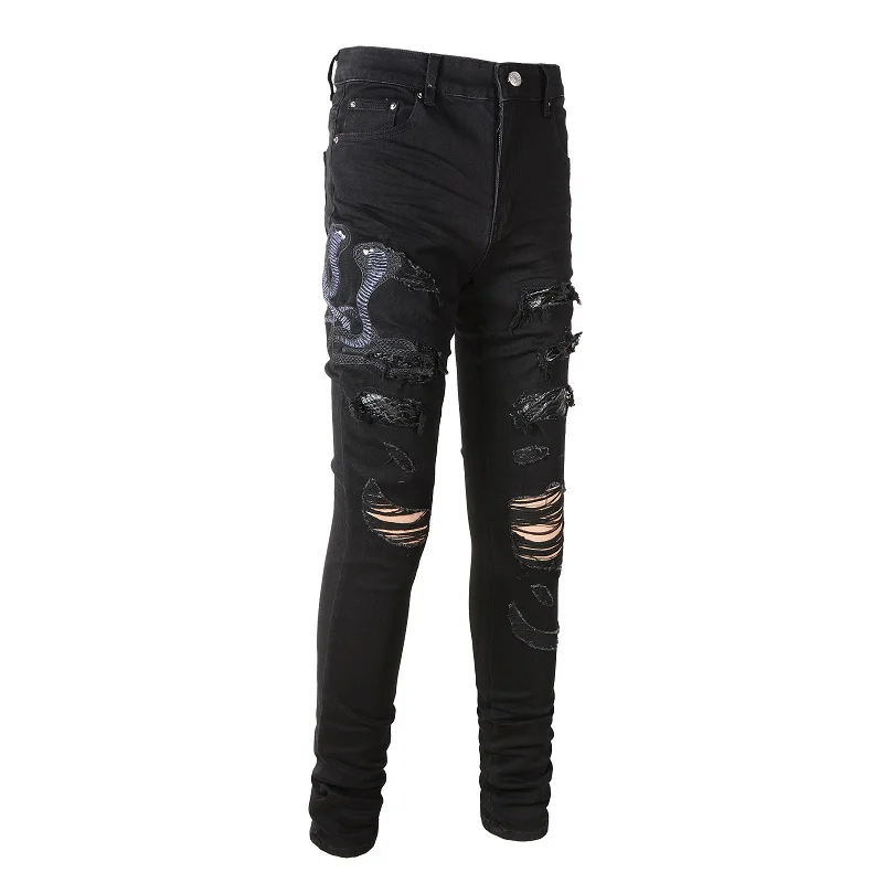 Heren jeans met slangenborduurwerk skinny taps toelopende stretch denim broek streetwear gaten gescheurde lederen patch patchwork broek zwart