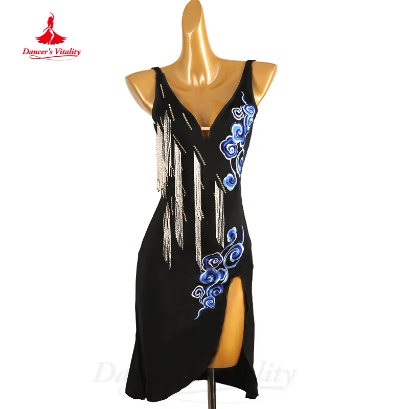

Latin Dance Performance Costumes Women Customization Senior AB Stones Embroidery Tassels Dress Tango Chacha Competition Dresses