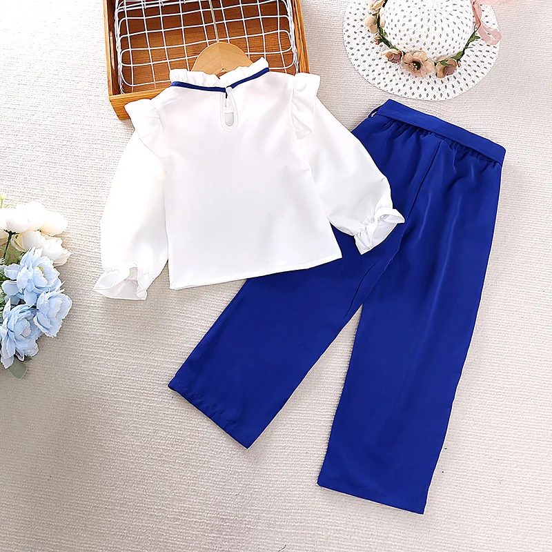 Sets 4-7 Years Girls Blue Pants + White Long Sleeve Top Fahion Style Four Seasons Costume Two-Piece Set