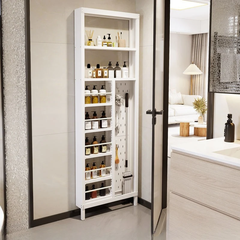 

Bathroom, behind metal door, shelf, floor, kitchen, crevice, very narrow, storage cabinet