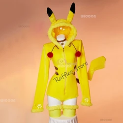 Women Pikkachu Electric Yellow Mouse Cosplay Costume Cute Halloween Sexy Romper Bodysuit Hooded Belt Tail Anime Doujin Suit