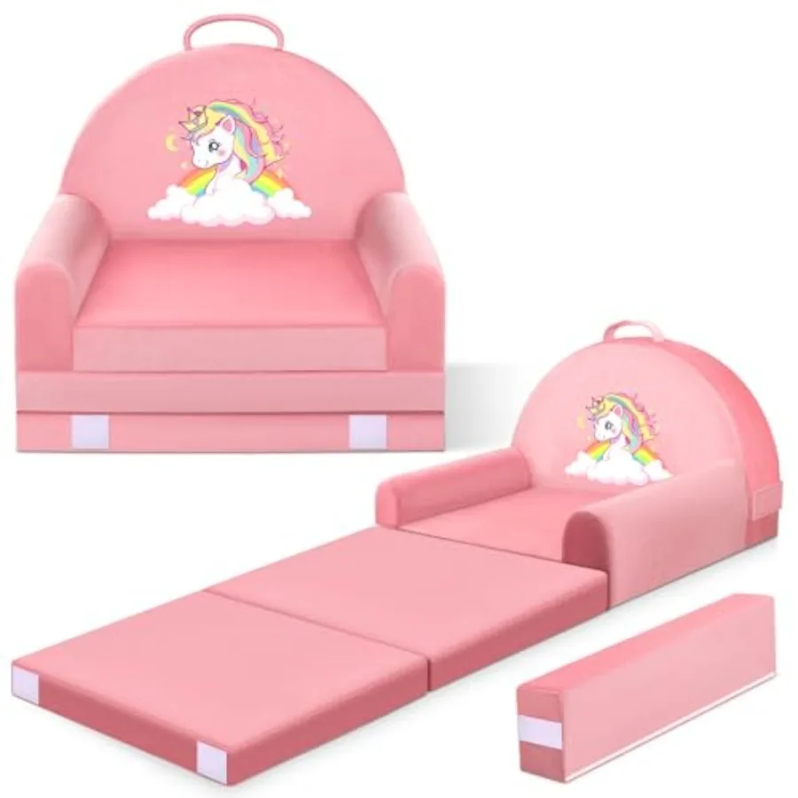 

Unicorn Sofa Bed with Removable Washable Cover and Hook and Loop Backrest Foldable Toddler Chair Cozy Crystal Velvet Furniture