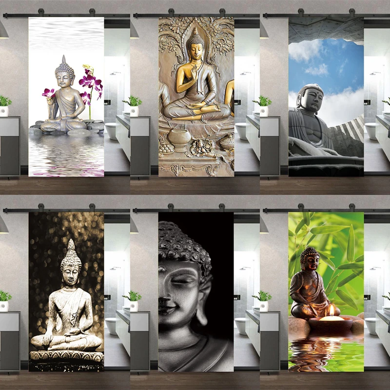3D Door Sticker Vinyl Wallpaper Self-adhesive DIY For   Bedroom Study Buddha Statue Decoration Home Design Decal Murals
