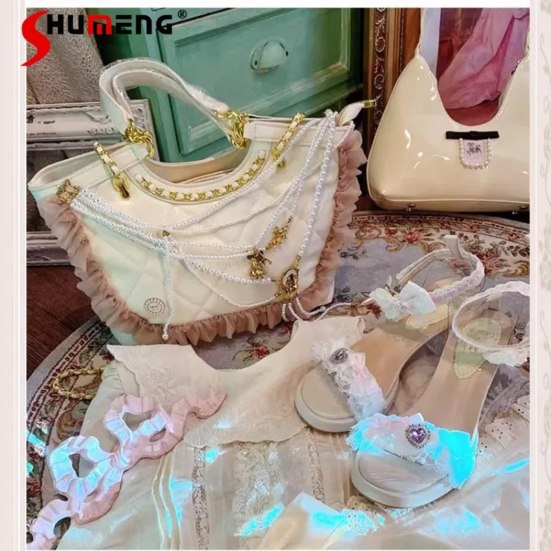 Bolsos de compras japoneses originales estilo Lolita, elegantes, con lazo y borlas, bolso grande de un solo hombro para mujer, bolso de mano con perlas para mujer