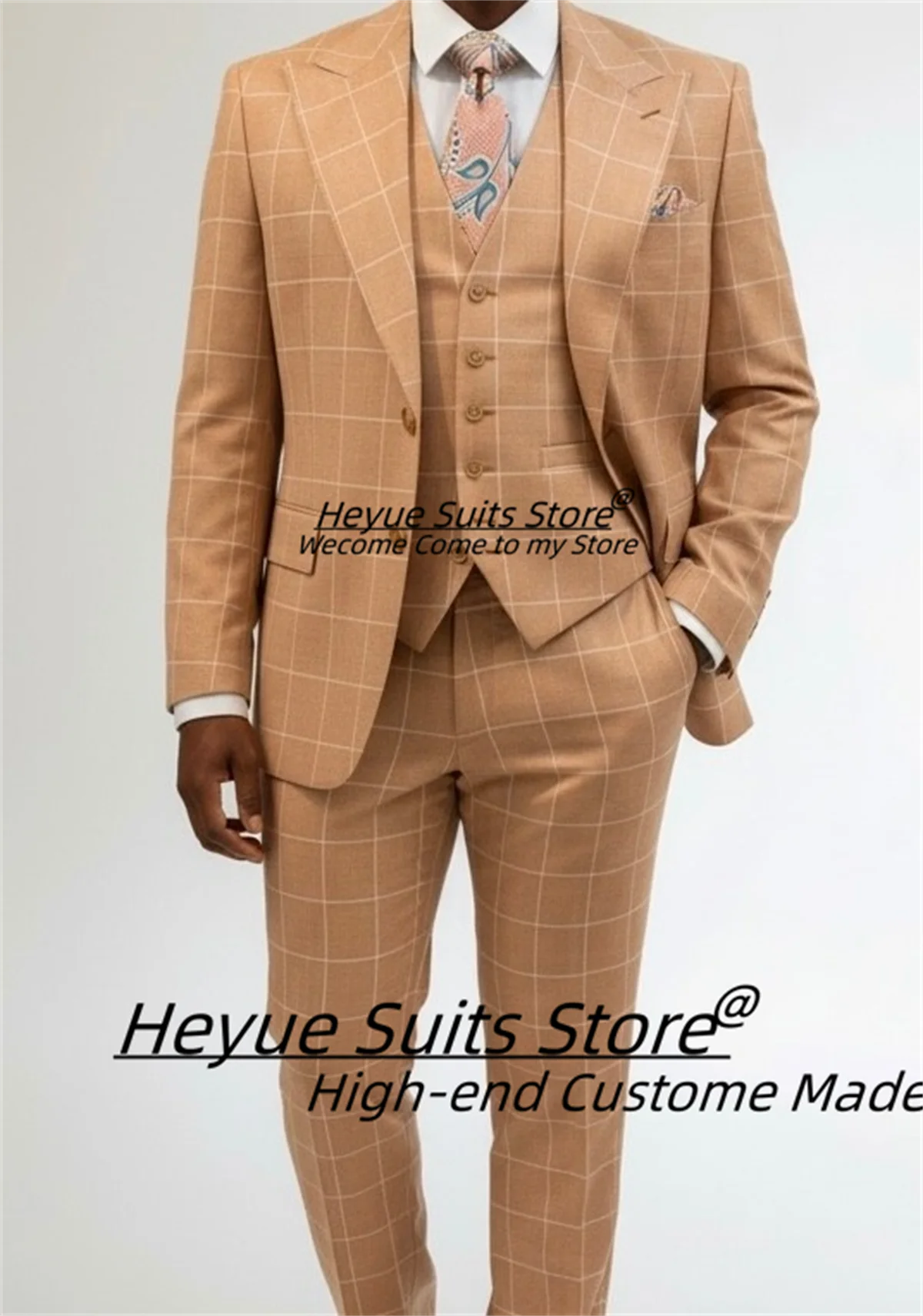 

Business Classic Plaid Suits For Men Customized Slim Fit Peak Lapel Groom Wedding Tuxedos 3 Pieces Sets Male Party Blazers