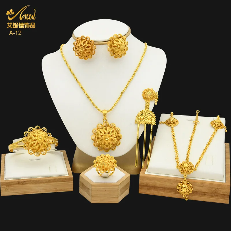 New Dubai 24K Gold Jewelry Set, African Bridal Necklace Earrings Ring Bracelet Hairpin Head Chain Six-piece Set