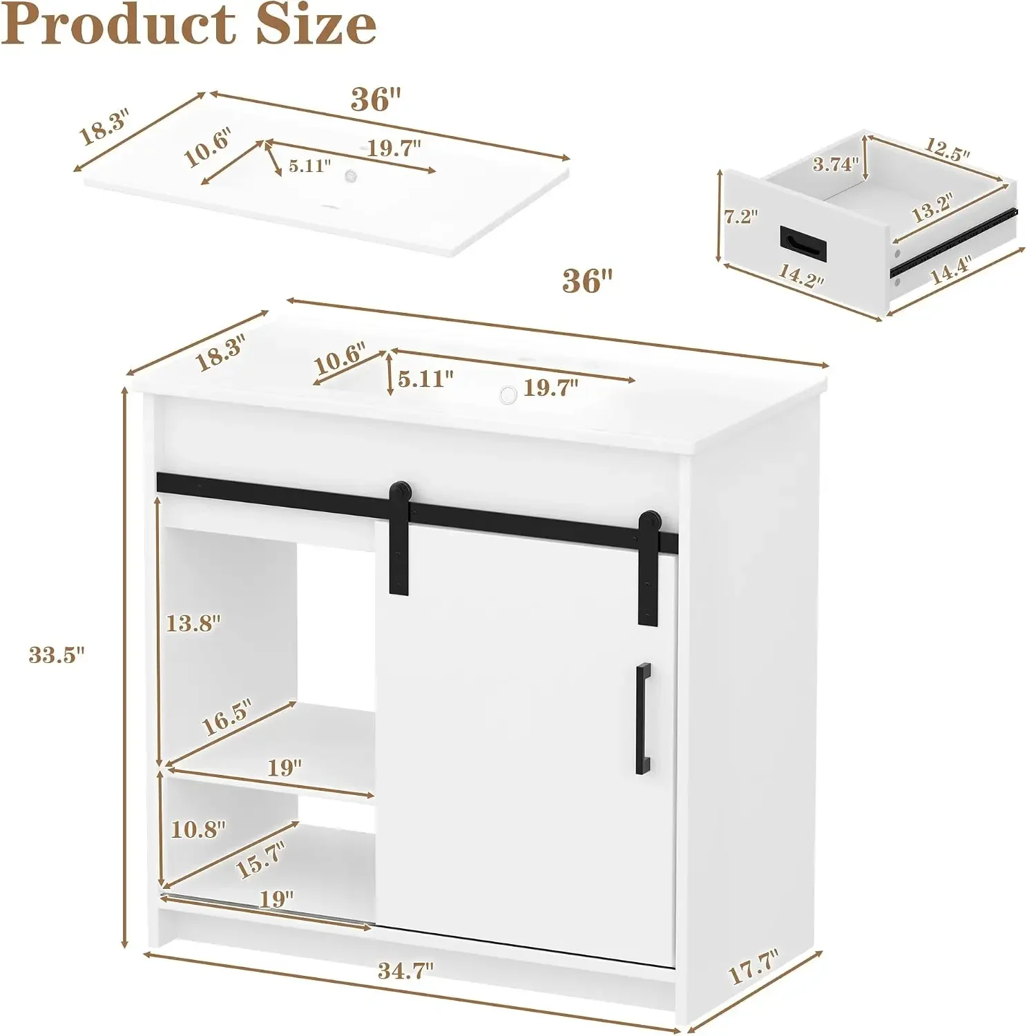 36 Inch Bathroom Vanity with Ceramic Sink, Farmhouse Bathroom Sink Cabinet with Drawers and Sliding Door, Freestanding Bathroom