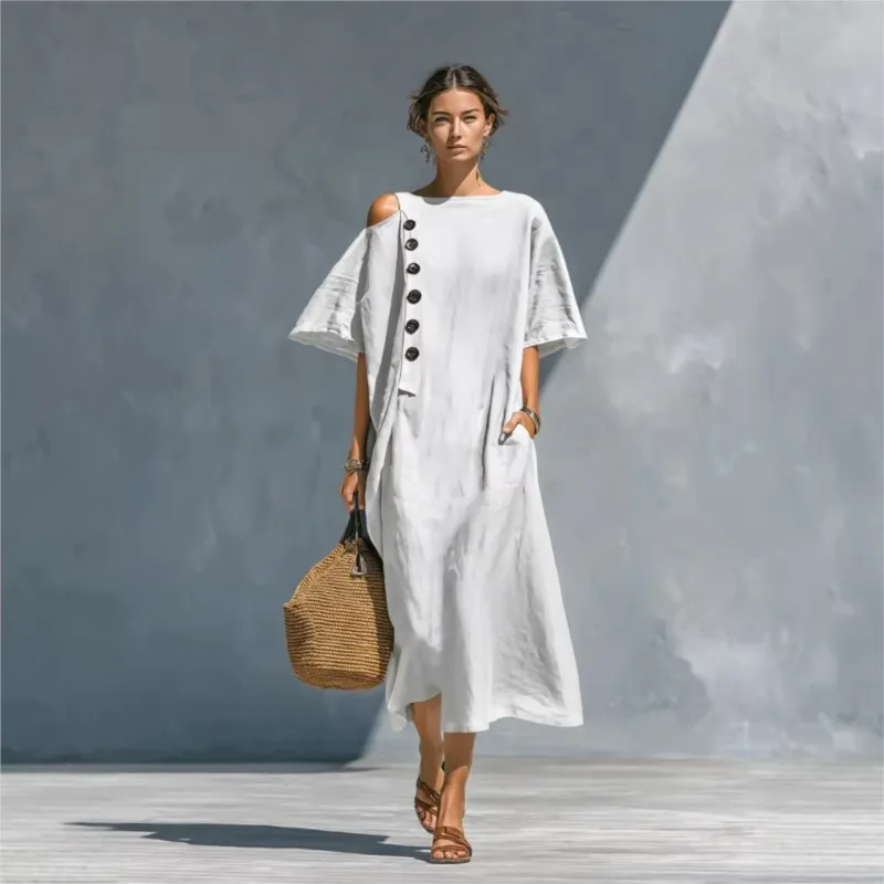 

Summer New Dresses Bohemian Elegant Crew Neck Buttons A-Line Long Dress Spring Casual Solid Pocket Vacation Maxi Dress Vestidos