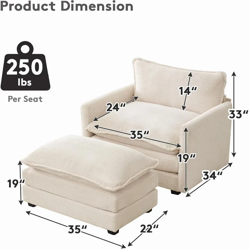 Convertible Sectional Couch with Ottoman, Corduroy Single Armchair with Ottoman, Modern Living Room Furniture Set, Beige