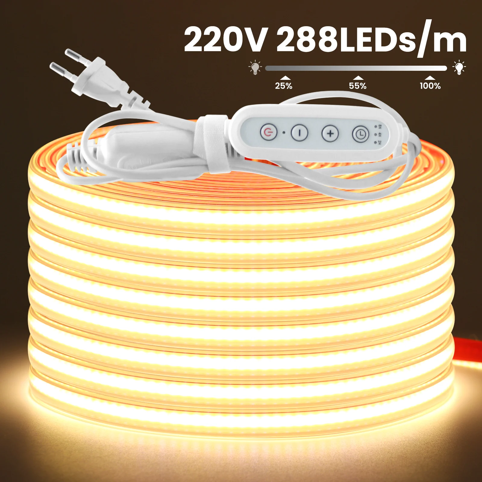 

Светодиодная лента COB 220В с диммером, комплект питания EU/UK/AU, водонепроницаемая, 288 светодиодов/м, гибкая лента для дома, кухни, наружного освещения