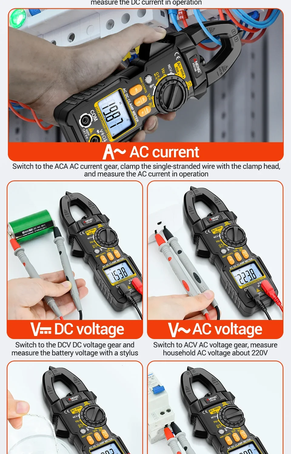 Zangenmessgerät Multimeter 6000 Zählt AC/DC Spannungsprüfer ANENG PN108 600 A Strom Widerstand Kapazität Hochpräzises Testwerkzeug – Detail 13