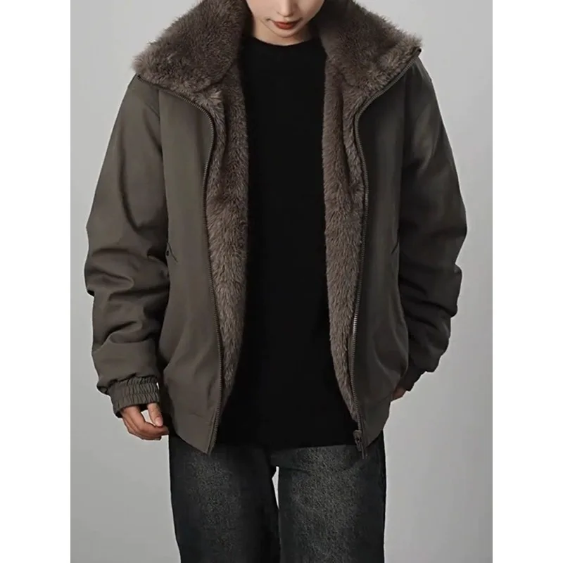 cotton-padded jackets on both sides Men's winter fleece thickened couple coats are wearing two-color silver-blue fox heavy-wash