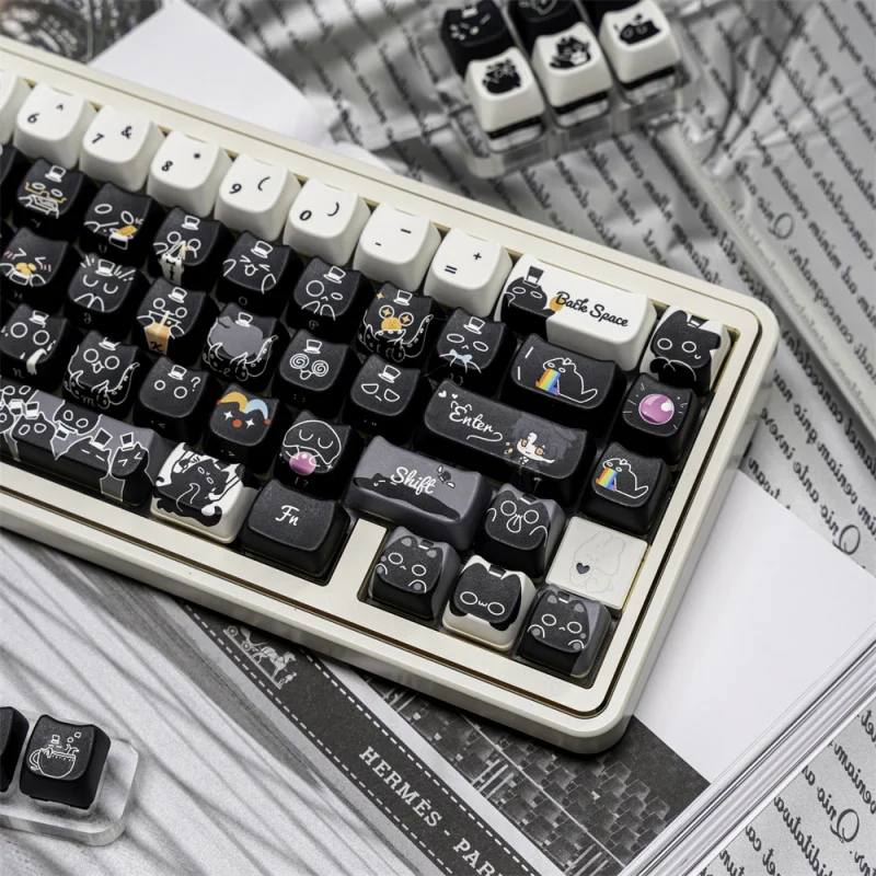 PBT Cat Keycap 133 Keys Black Custom Dye-Sublimation Mao Profile Key Caps For Mechanical Keyboard 60% 75%