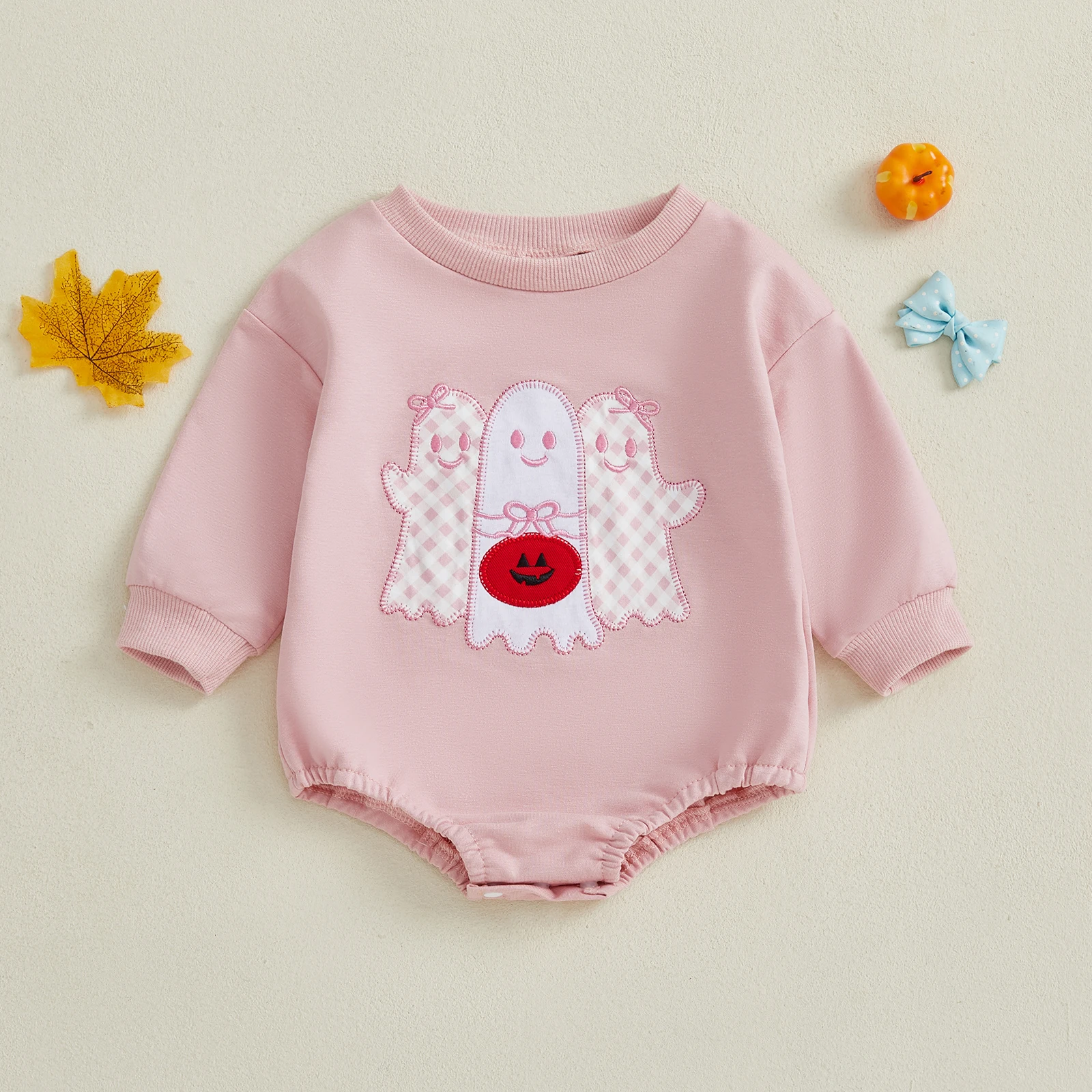 

SUNSIOM 0-18 Months Baby Girl Halloween Bodysuit Long Sleeve Bow Ghost Embroidery Romper Newborn Fall Playsuit