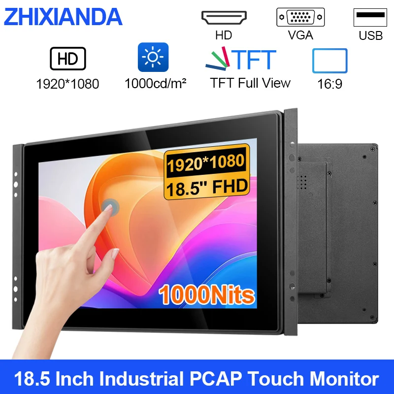 

18.5 Inch High Brightness 1000NITS Flat Industrial LCD Display Capacitive Touch Screen Monitor 1080P HDMI VGA Surface Waterproof