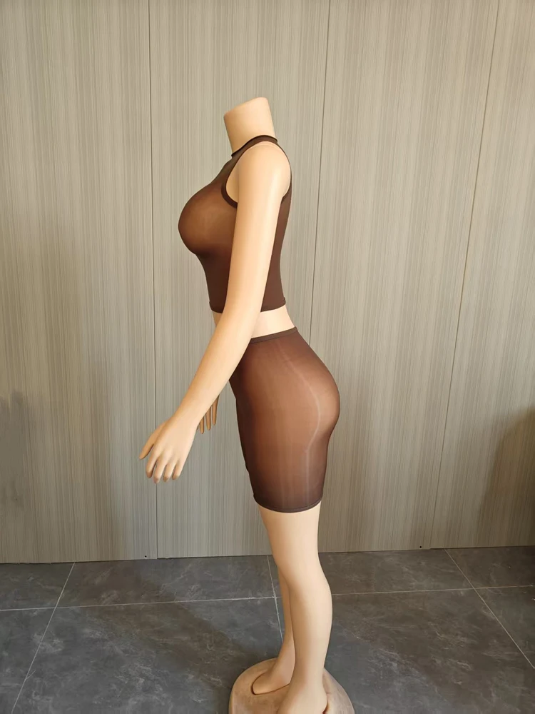 Damen 2-teiliges Mesh-Outfit, ärmelloses, durchsichtiges Crop-Top + Shorts-Set, sexy, durchsichtige, ärmellose, figurbetonte Clubwear, passende Sets – Detail 4