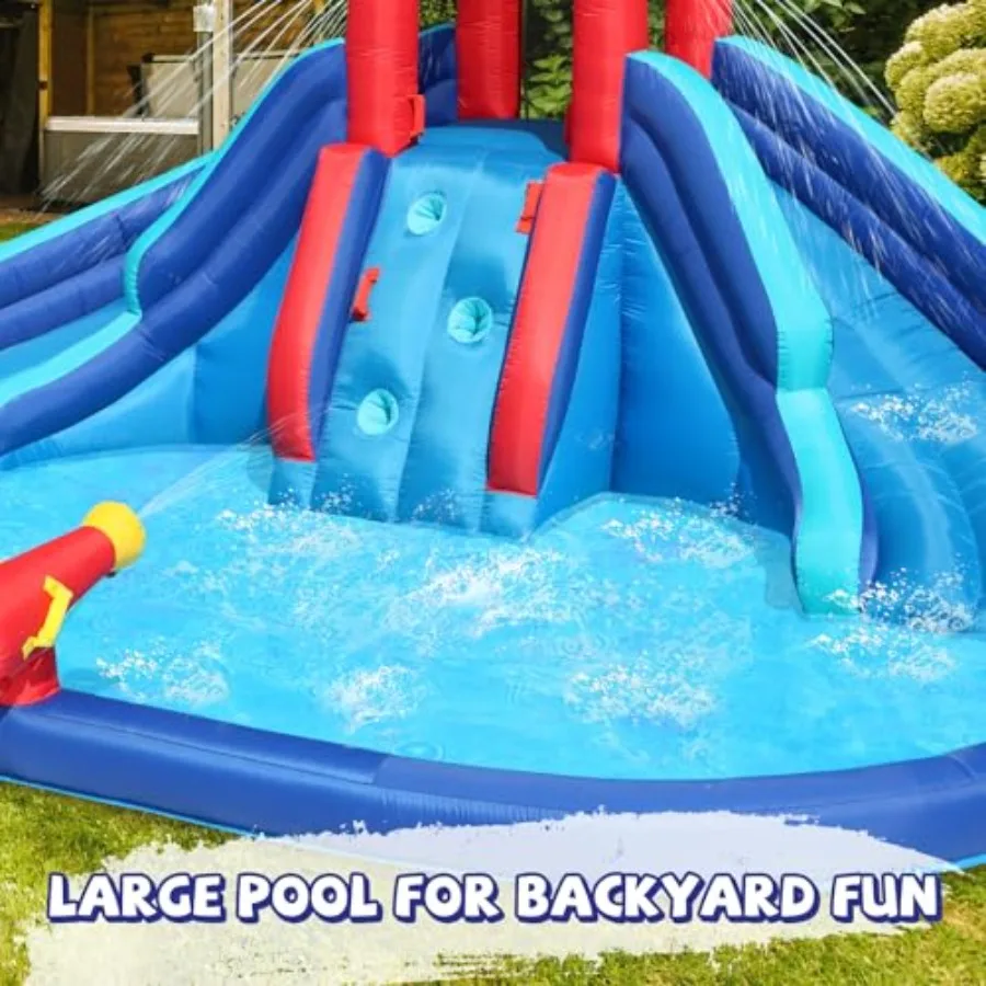 Escorregador de Água Inflável Azul com Grande Piscina, Duplo Escorregador e Parede de Escalada para Diversão ao Ar Livre, Material PVC Durável