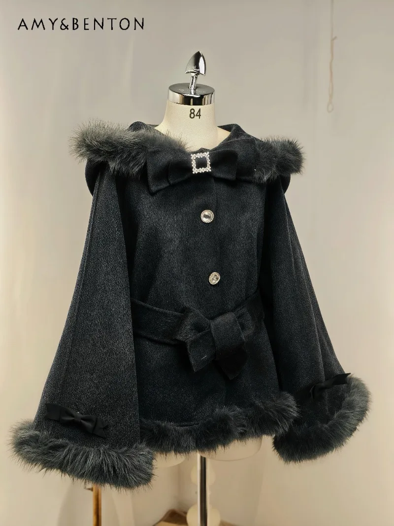 

Original Lolita Style Sweet Bowknot Bunny Ears Woolen Coat Winter New Japanese Cute Plush Hooded Thickened Warm Wool Coat Women